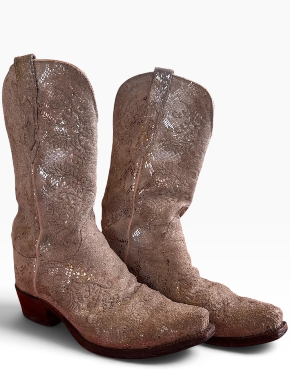 Lucchese Distressed Tan Gold Embossed Leather Western Cowboy Boots Size 8.5 B